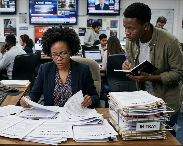 Image of a news editor working through press releases with a reporter looking on. Created by Gemini AI for Media Helping Media